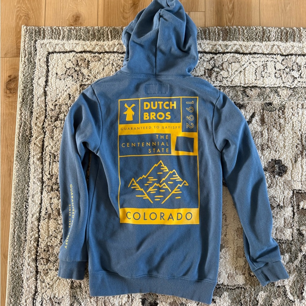 Dutch Bros Colorado Blue and Yellow hoodie Sweater